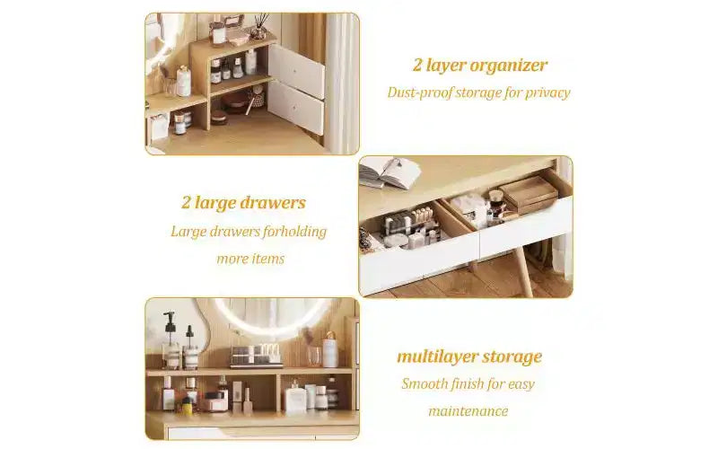 JVNOXK Vanity Dressing Table with 3 Height-Adjustable Lighted Mirrors, 4 Drawers and 3 Open Shelves