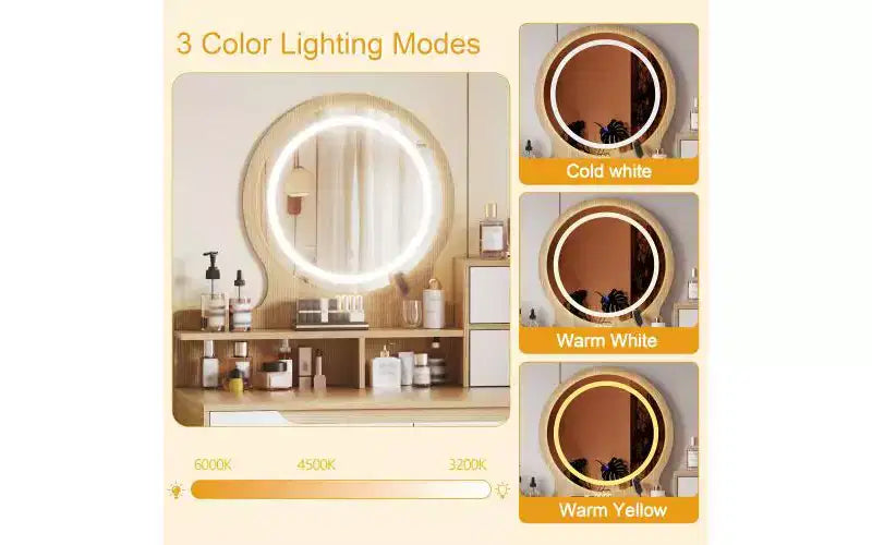 JVNOXK Vanity Dressing Table with 3 Height-Adjustable Lighted Mirrors, 4 Drawers and 3 Open Shelves