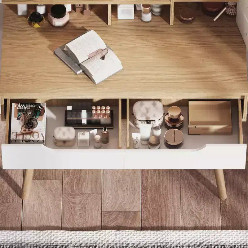 JVNOXK Vanity Dressing Table with 3 Height-Adjustable Lighted Mirrors, 4 Drawers and 3 Open Shelves