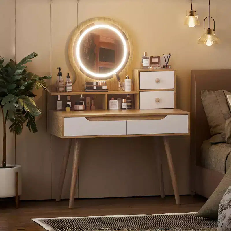 JVNOXK Vanity Dressing Table with 3 Height-Adjustable Lighted Mirrors, 4 Drawers and 3 Open Shelves