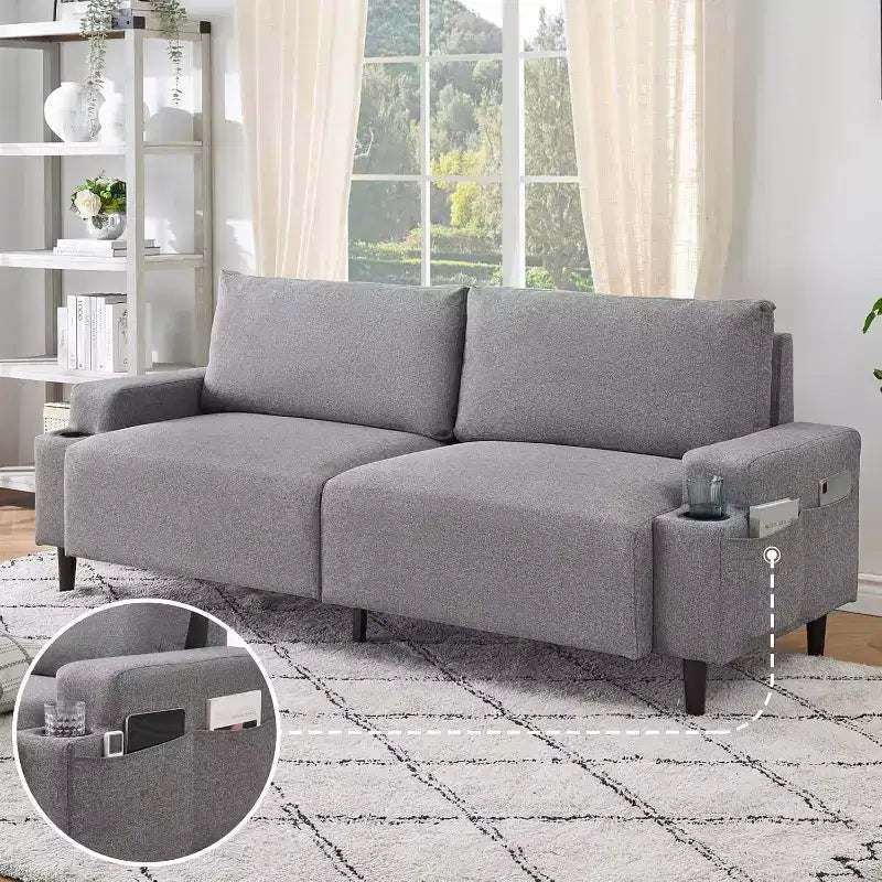 3-Seater Flannel Sofa with Armrests, Storage Bag and Cup Holders - Black/Grey