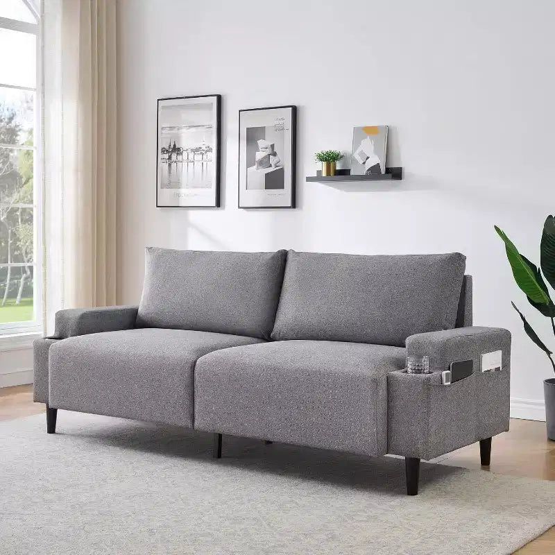 3-Seater Flannel Sofa with Armrests, Storage Bag and Cup Holders - Black/Grey