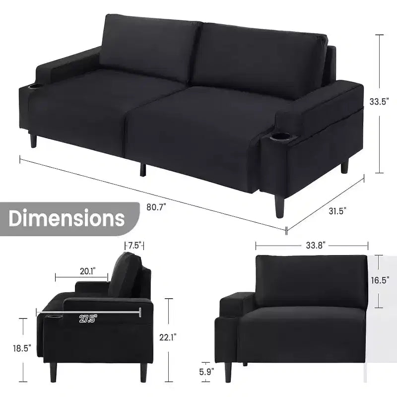 3-Seater Flannel Sofa with Armrests, Storage Bag and Cup Holders - Black/Grey