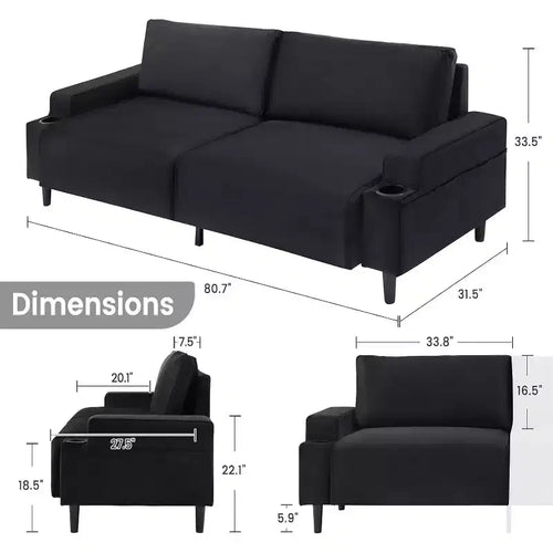 3-Seater Flannel Sofa with Armrests, Storage Bag and Cup Holders - Black/Grey