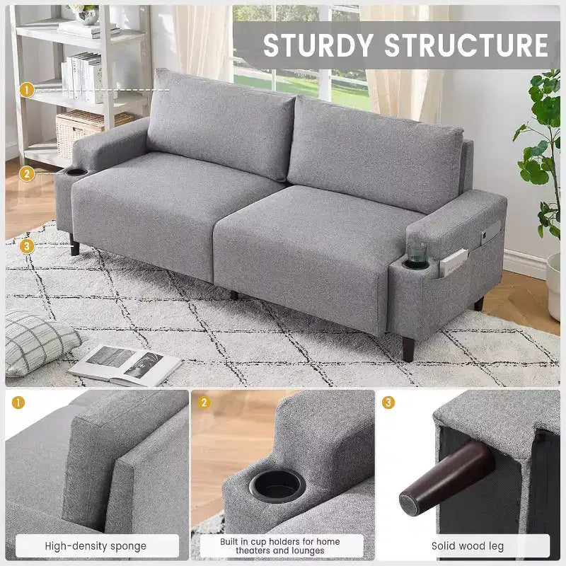 3-Seater Flannel Sofa with Armrests, Storage Bag and Cup Holders - Black/Grey