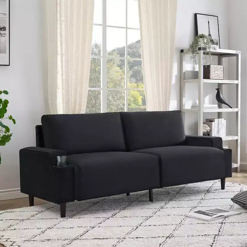 3-Seater Flannel Sofa with Armrests, Storage Bag and Cup Holders - Black/Grey