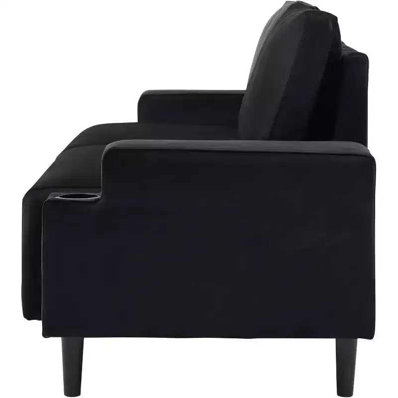 3-Seater Flannel Sofa with Armrests, Storage Bag and Cup Holders - Black/Grey
