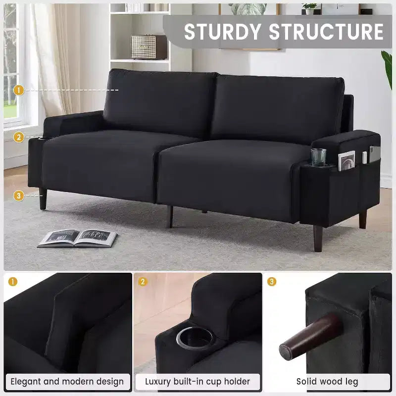 3-Seater Flannel Sofa with Armrests, Storage Bag and Cup Holders - Black/Grey