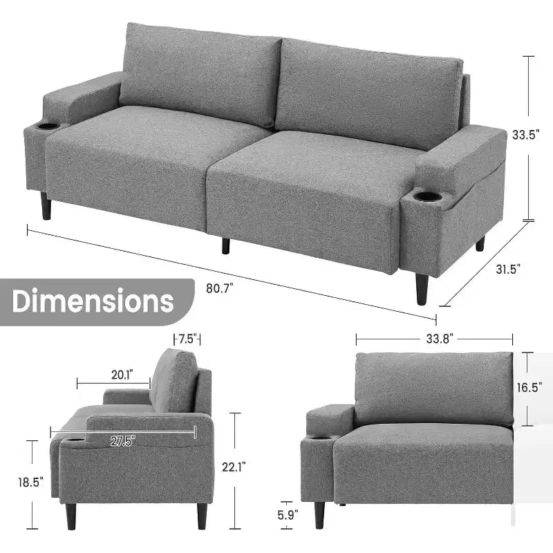 3-Seater Flannel Sofa with Armrests, Storage Bag and Cup Holders - Black/Grey