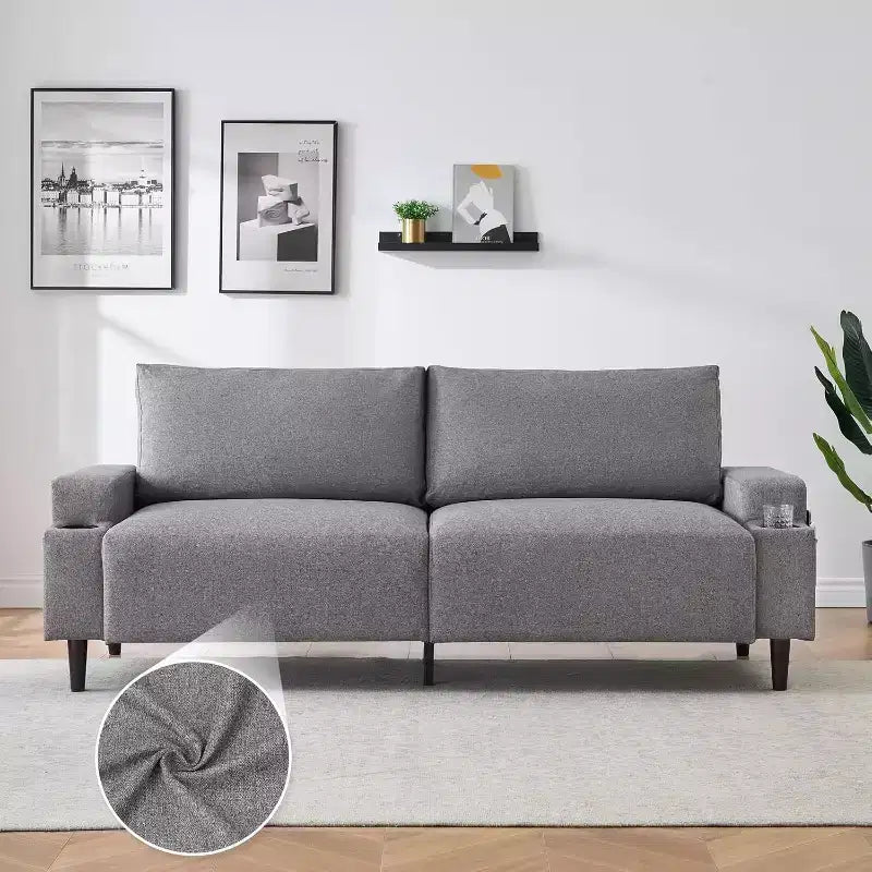 3-Seater Flannel Sofa with Armrests, Storage Bag and Cup Holders - Black/Grey