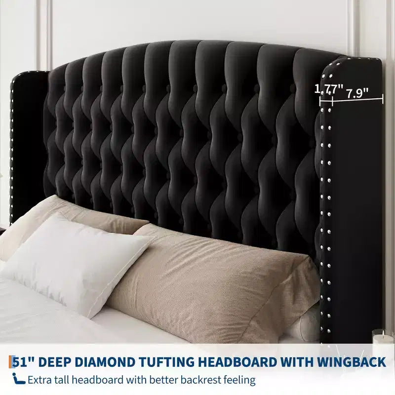 Platform Bed Frame with 51'' Tall Deep Button Tufted Suede Wingback Headboard & Footboard  Nailhead Trim, Sturdy Wood Slats,Noise-Free,No Box Needed