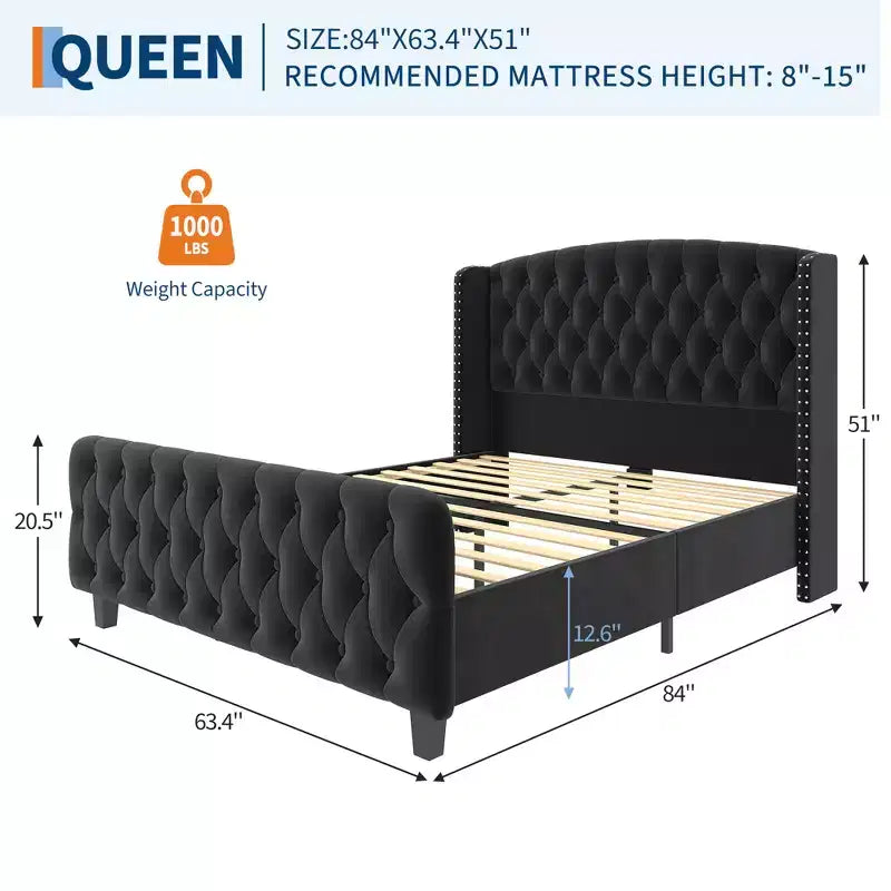 Platform Bed Frame with 51'' Tall Deep Button Tufted Suede Wingback Headboard & Footboard  Nailhead Trim, Sturdy Wood Slats,Noise-Free,No Box Needed
