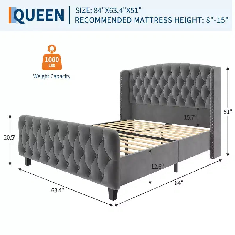 Platform Bed Frame with 51'' Tall Deep Button Tufted Suede Wingback Headboard & Footboard  Nailhead Trim, Sturdy Wood Slats,Noise-Free,No Box Needed