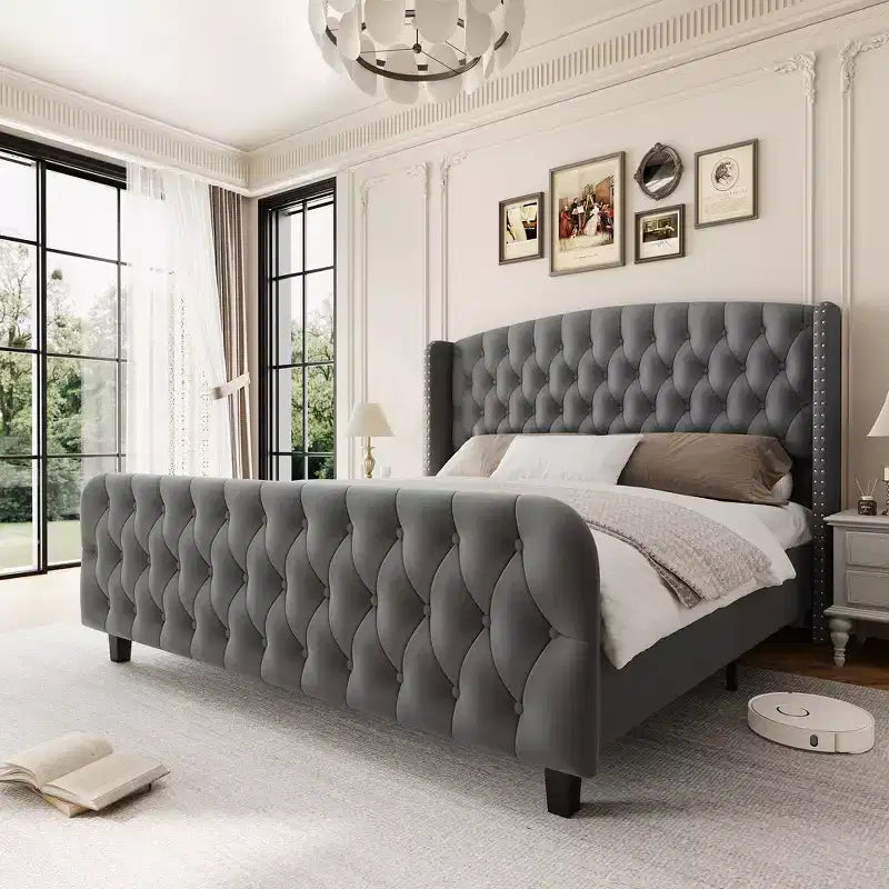 Platform Bed Frame with 51'' Tall Deep Button Tufted Suede Wingback Headboard & Footboard  Nailhead Trim, Sturdy Wood Slats,Noise-Free,No Box Needed