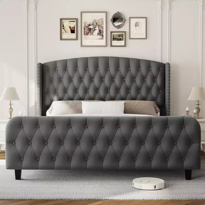 Platform Bed Frame with 51'' Tall Deep Button Tufted Suede Wingback Headboard & Footboard  Nailhead Trim, Sturdy Wood Slats,Noise-Free,No Box Needed