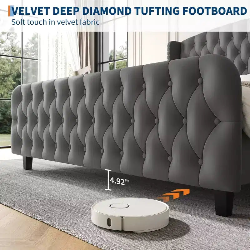 Platform Bed Frame with 51'' Tall Deep Button Tufted Suede Wingback Headboard & Footboard  Nailhead Trim, Sturdy Wood Slats,Noise-Free,No Box Needed