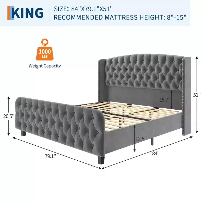 Platform Bed Frame with 51'' Tall Deep Button Tufted Suede Wingback Headboard & Footboard  Nailhead Trim, Sturdy Wood Slats,Noise-Free,No Box Needed