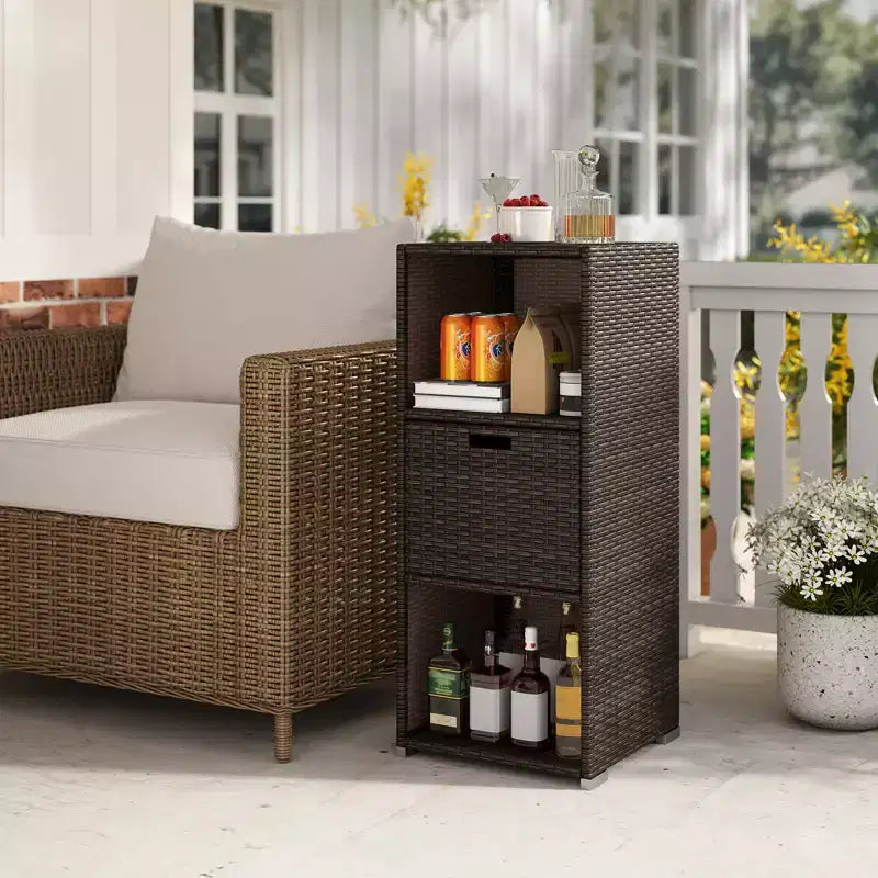 Costway Outdoor Storage Cabinet with Storage Shelves & Removable Drawer for Porch Mix Brown/Black/Gray
