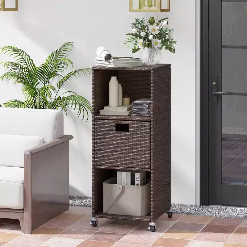 Costway Outdoor Storage Cabinet with Storage Shelves & Removable Drawer for Porch Mix Brown/Black/Gray