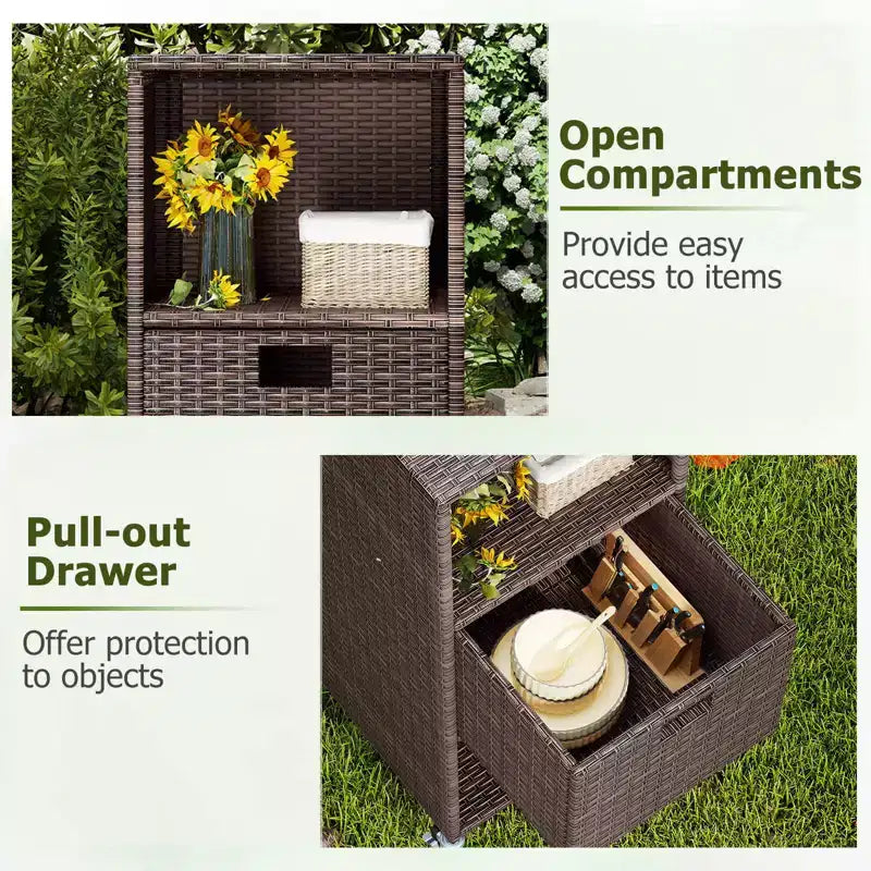 Costway Outdoor Storage Cabinet with Storage Shelves & Removable Drawer for Porch Mix Brown/Black/Gray