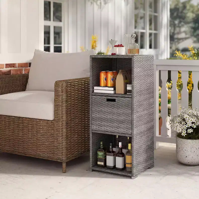 Costway Outdoor Storage Cabinet with Storage Shelves & Removable Drawer for Porch Mix Brown/Black/Gray
