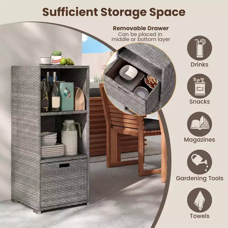 Costway Outdoor Storage Cabinet with Storage Shelves & Removable Drawer for Porch Mix Brown/Black/Gray