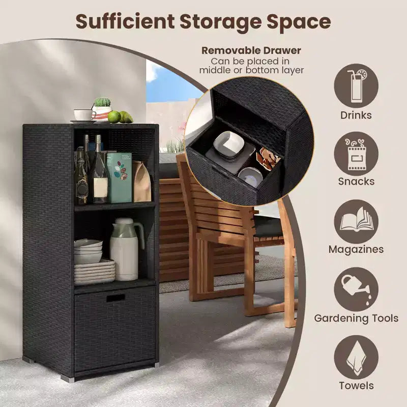 Costway Outdoor Storage Cabinet with Storage Shelves & Removable Drawer for Porch Mix Brown/Black/Gray