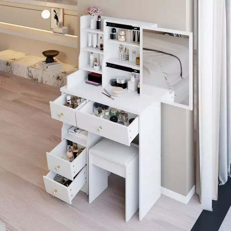JVNOXK 29.2" Compact Vanity Dresser with Cushioned Stool, Left Drawer and Extra Large Sliding Mirror