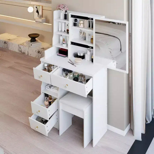 29.2" Compact Vanity Dresser with Cushioned Stool, Left Drawer and Extra Large Sliding Mirror