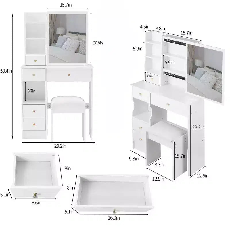 JVNOXK 29.2" Compact Vanity Dresser with Cushioned Stool, Left Drawer and Extra Large Sliding Mirror
