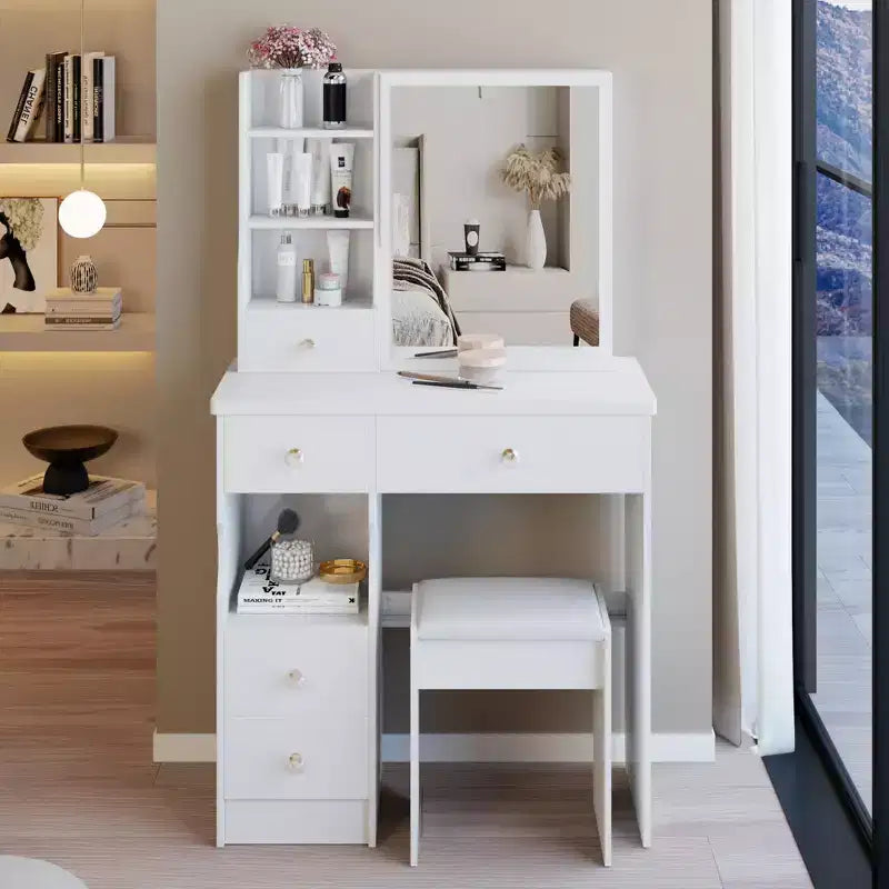 JVNOXK 29.2" Compact Vanity Dresser with Cushioned Stool, Left Drawer and Extra Large Sliding Mirror