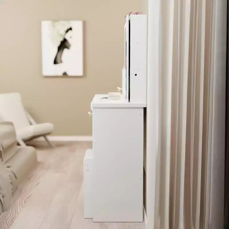 JVNOXK 29.2" Compact Vanity Dresser with Cushioned Stool, Left Drawer and Extra Large Sliding Mirror