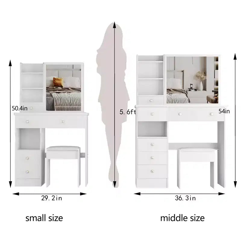 JVNOXK 29.2" Compact Vanity Dresser with Cushioned Stool, Left Drawer and Extra Large Sliding Mirror