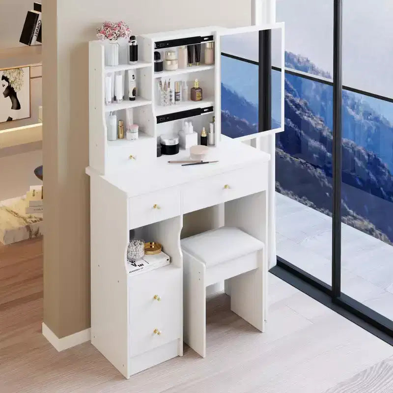 JVNOXK 29.2" Compact Vanity Dresser with Cushioned Stool, Left Drawer and Extra Large Sliding Mirror