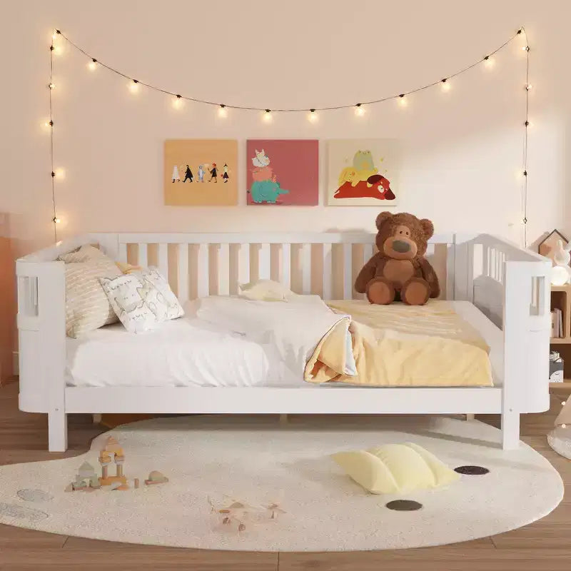 Queen Size Wood Platform Bed Frame with Full Fence Guardrails for Kids - Removable Side Rails
