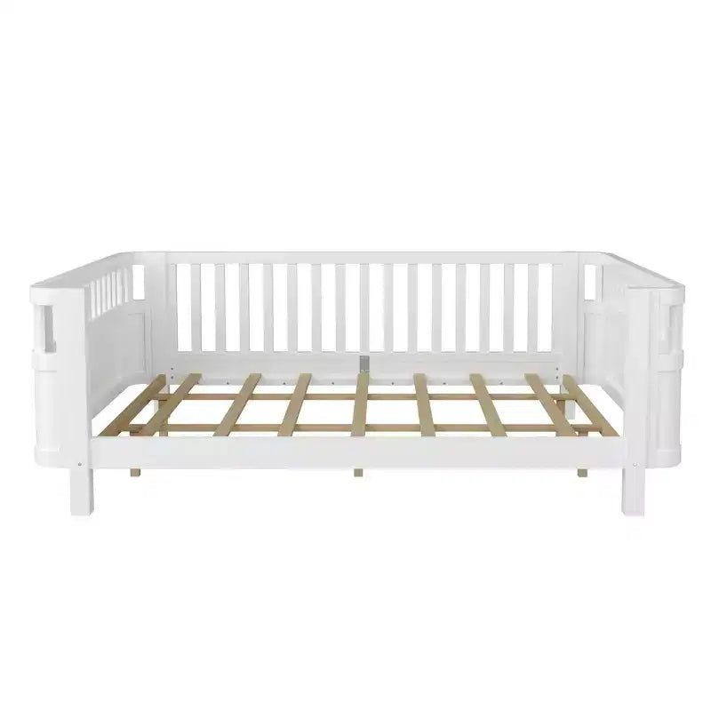 Queen Size Wood Platform Bed Frame with Full Fence Guardrails for Kids - Removable Side Rails