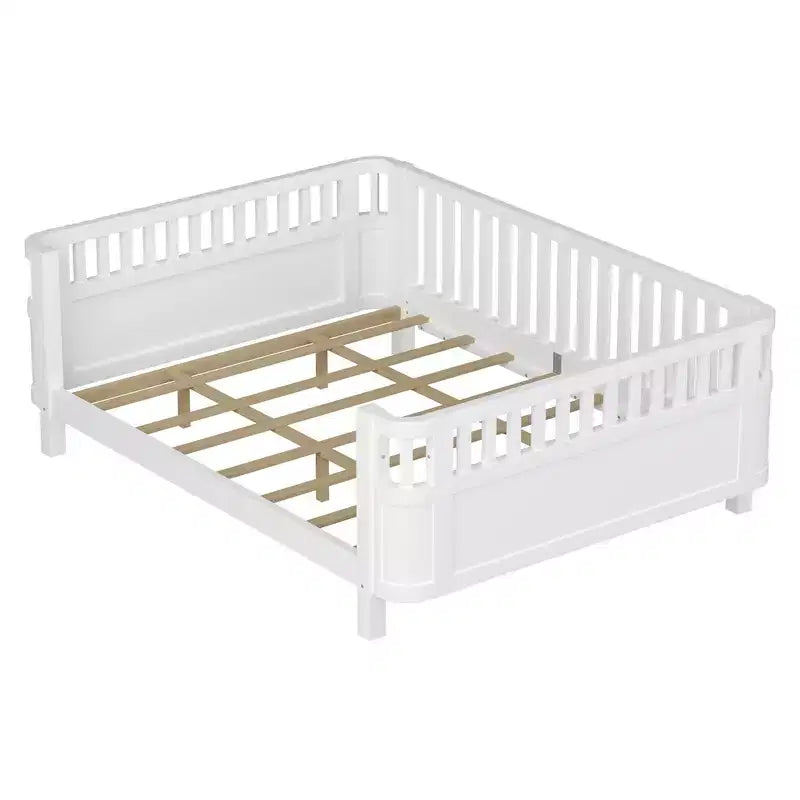 Queen Size Wood Platform Bed Frame with Full Fence Guardrails for Kids - Removable Side Rails