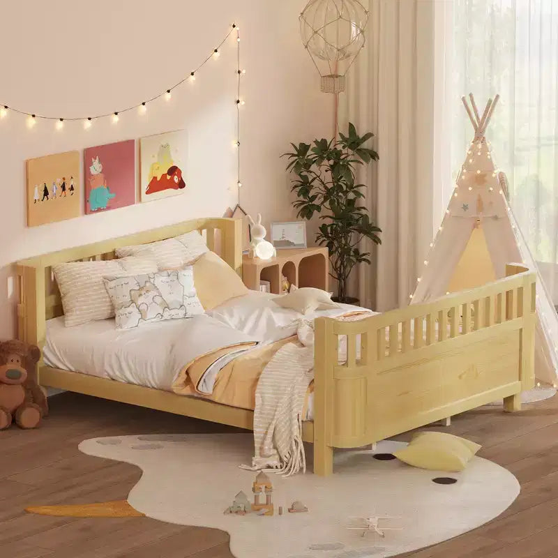 Queen Size Wood Platform Bed Frame with Full Fence Guardrails for Kids - Removable Side Rails