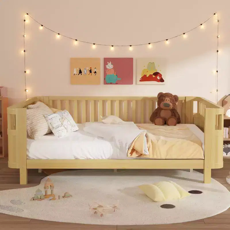 Queen Size Wood Platform Bed Frame with Full Fence Guardrails for Kids - Removable Side Rails