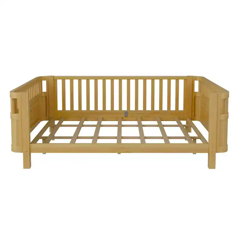 Queen Size Wood Platform Bed Frame with Full Fence Guardrails for Kids - Removable Side Rails