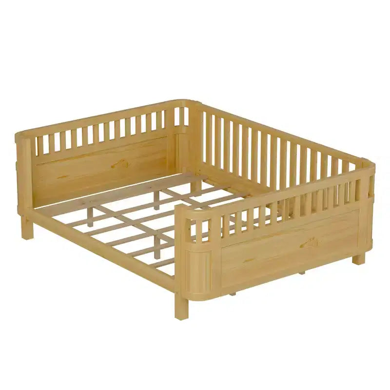 Queen Size Wood Platform Bed Frame with Full Fence Guardrails for Kids - Removable Side Rails