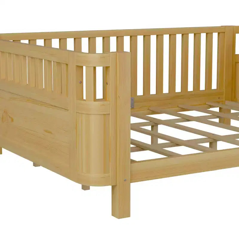 Queen Size Wood Platform Bed Frame with Full Fence Guardrails for Kids - Removable Side Rails