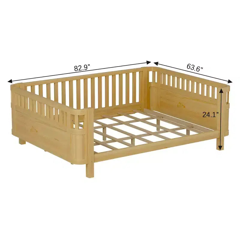 Queen Size Wood Platform Bed Frame with Full Fence Guardrails for Kids - Removable Side Rails