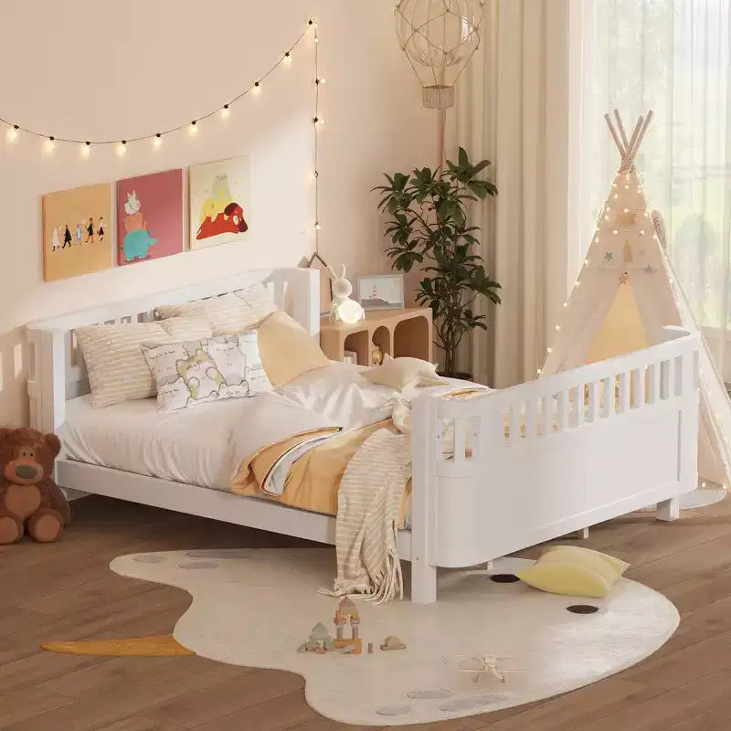 Queen Size Wood Platform Bed Frame with Full Fence Guardrails for Kids - Removable Side Rails