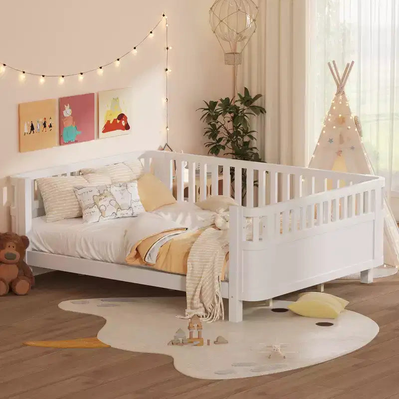 Queen Size Wood Platform Bed Frame with Full Fence Guardrails for Kids - Removable Side Rails
