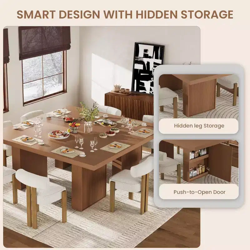 70.8" Modern Rectangular Dining Table for 6-10 with Fluted Legs and Built-In Storage - Grey/Natural/Nut-Brown