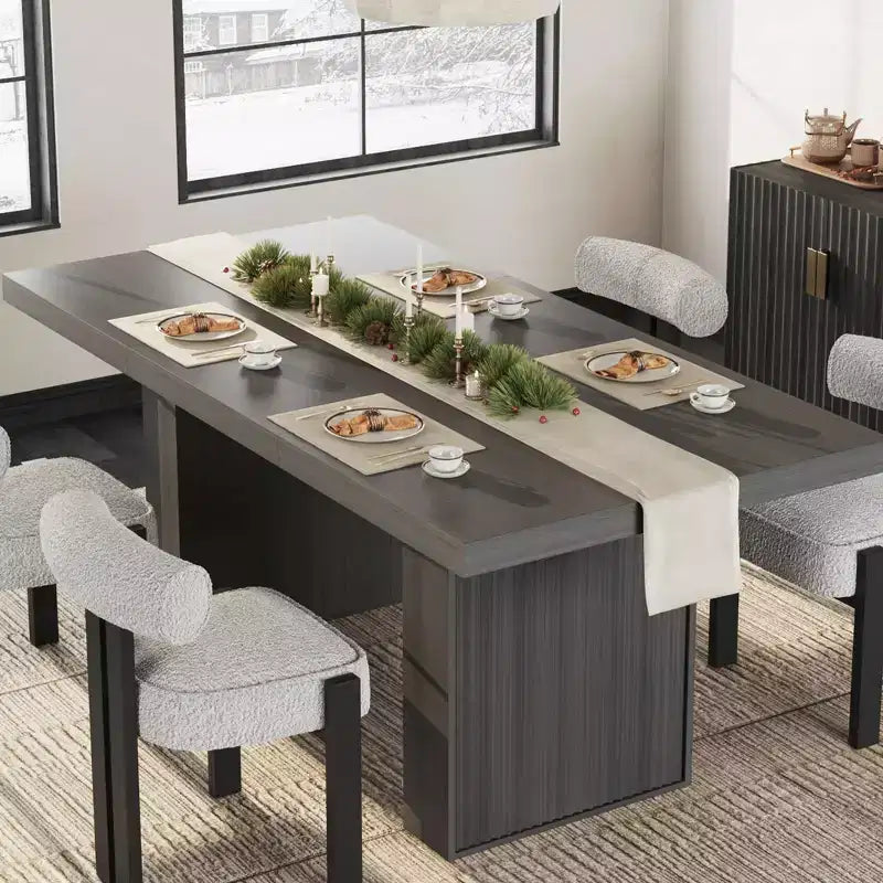 70.8" Modern Rectangular Dining Table for 6-10 with Fluted Legs and Built-In Storage - Grey/Natural/Nut-Brown