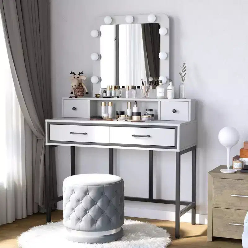 Vanity Desk with Lighted Mirror - 3-Color Dimmable Hollywood Makeup Table with 4 Drawers - White