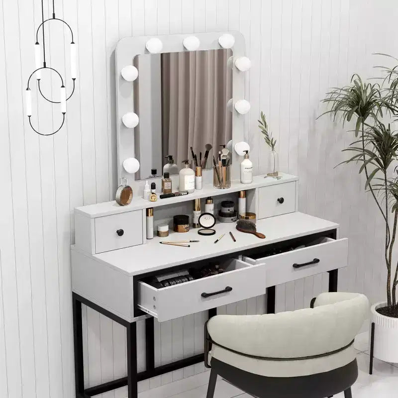 Vanity Desk with Lighted Mirror - 3-Color Dimmable Hollywood Makeup Table with 4 Drawers - White
