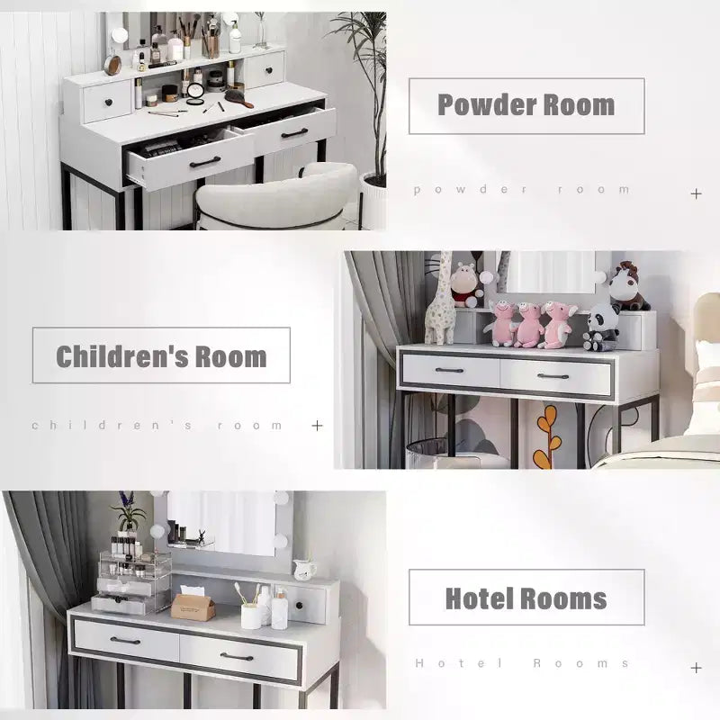 Vanity Desk with Lighted Mirror - 3-Color Dimmable Hollywood Makeup Table with 4 Drawers - White